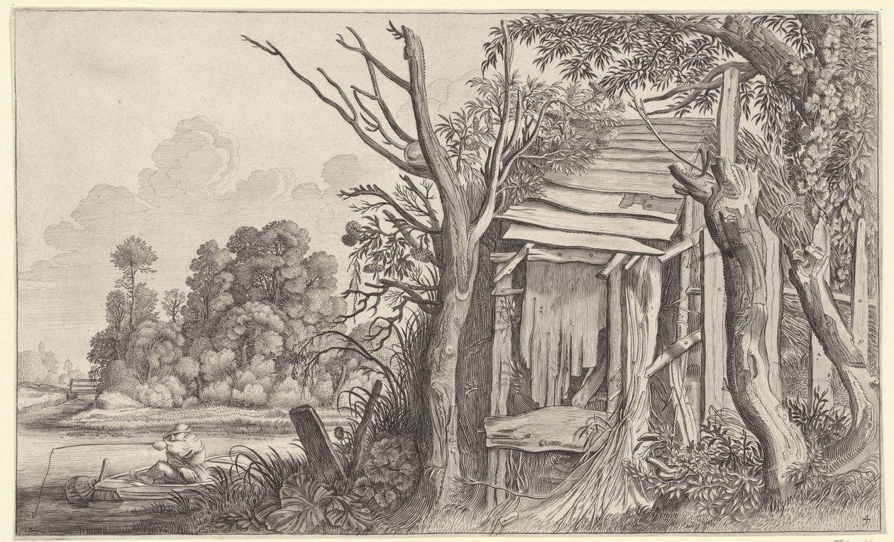 Hengelaar bij een vervallen hut in een landschap door Jan van de Velde (II)