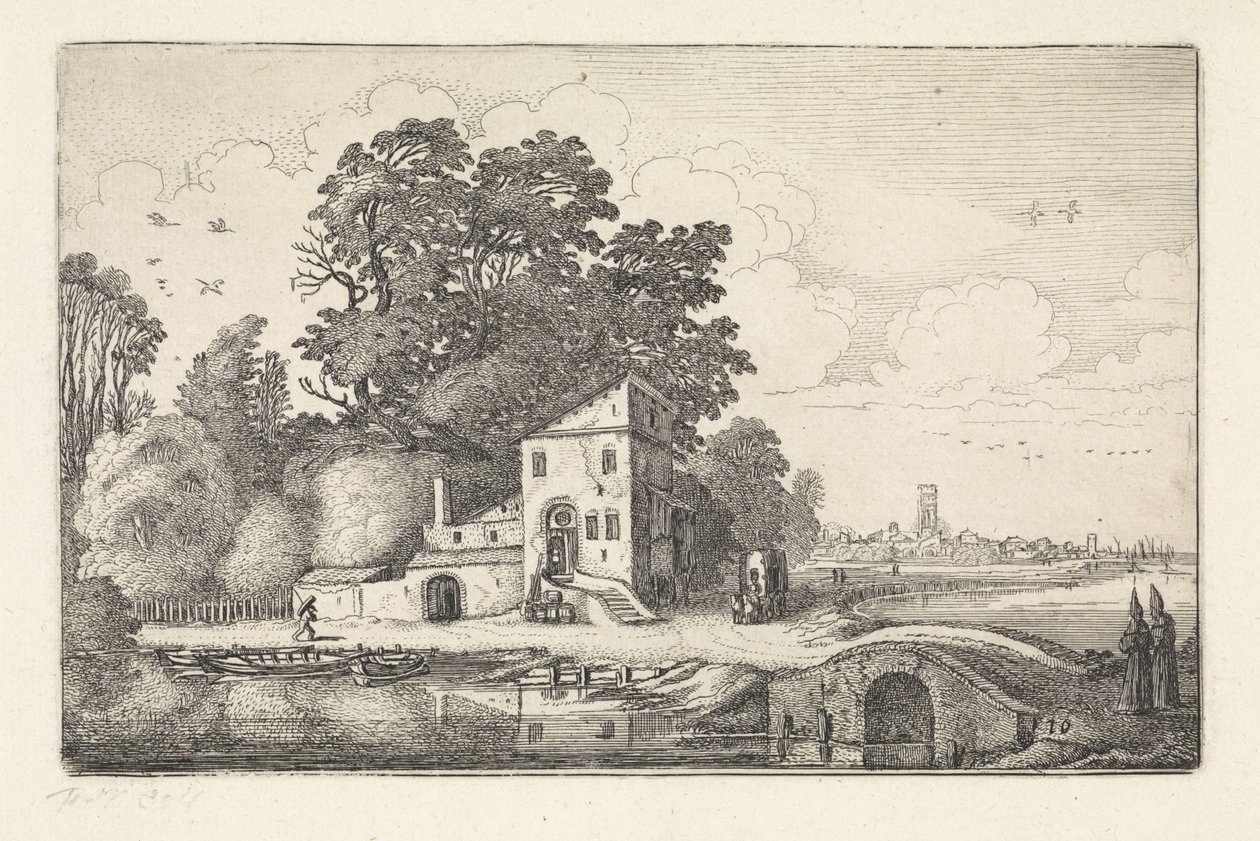 Huis bij een stenen brug in een rivierlandschap door Jan van de Velde (II)