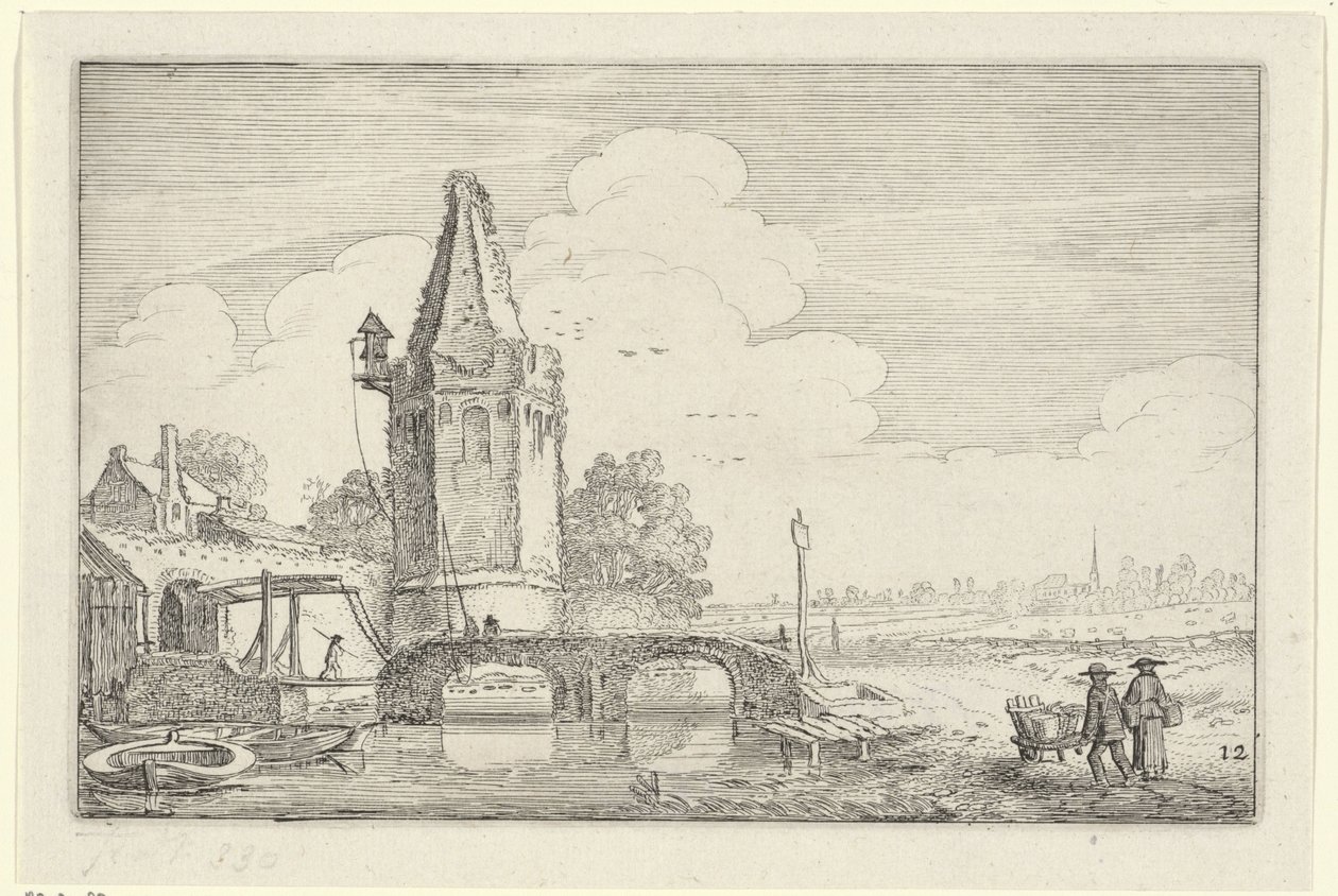 Landschap met een toren en een brug over rivier de Niers door Jan van de Velde (II)
