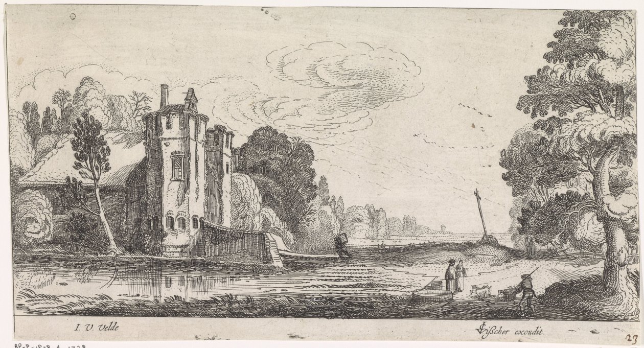 Landschap met figuren bij een versterkt huis met twee torens door Jan van de Velde (II)
