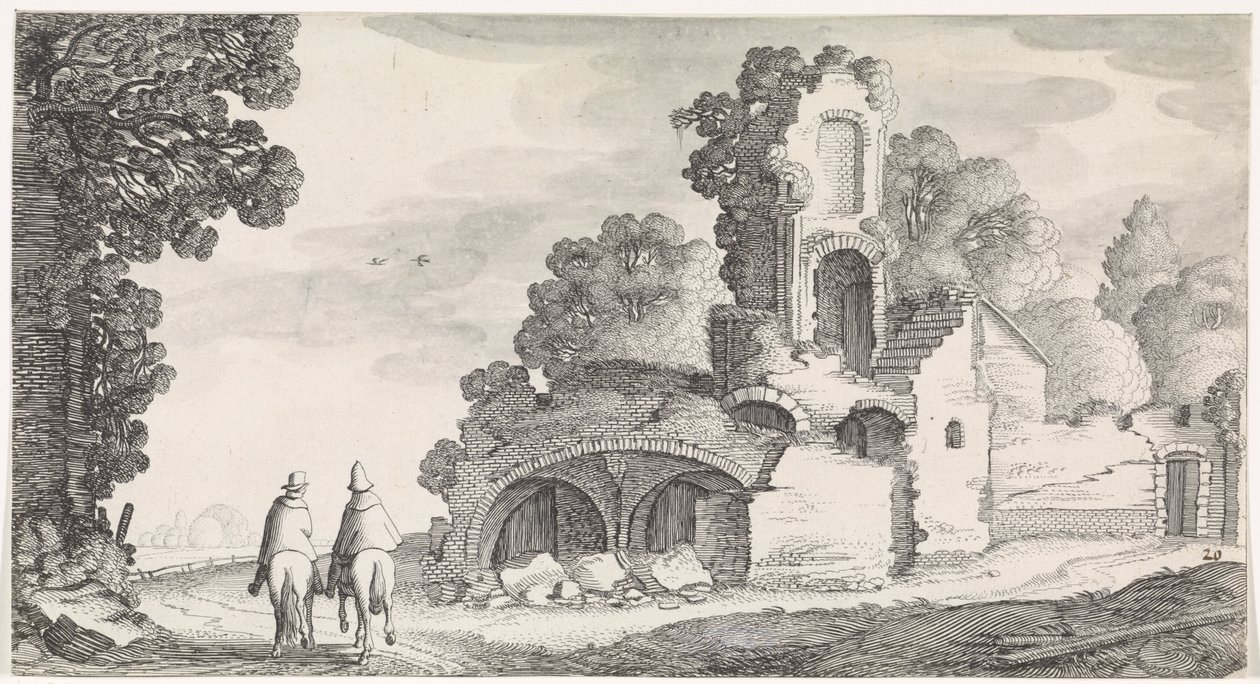 Landschap met ruïne en twee ruiters door Jan van de Velde (II)