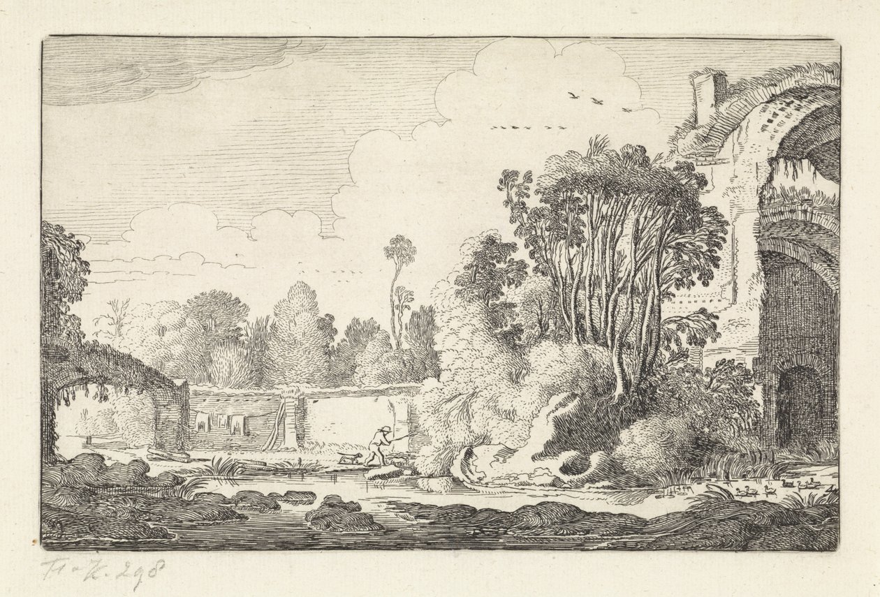 Man met een hond bij een ruïne door Jan van de Velde (II)