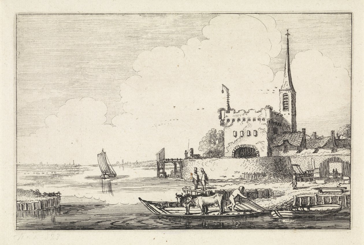 Pont met vee bij een fort in een rivierlandschap (Landschappen / Amenissimae aliquot requculae) door Jan van de Velde (II)