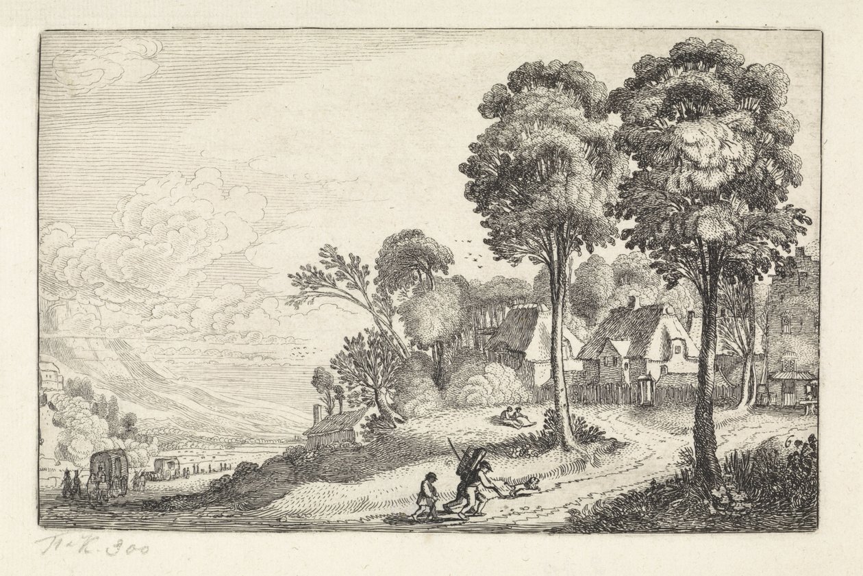 Reizigers op een pad bij een dorp door Jan van de Velde (II)