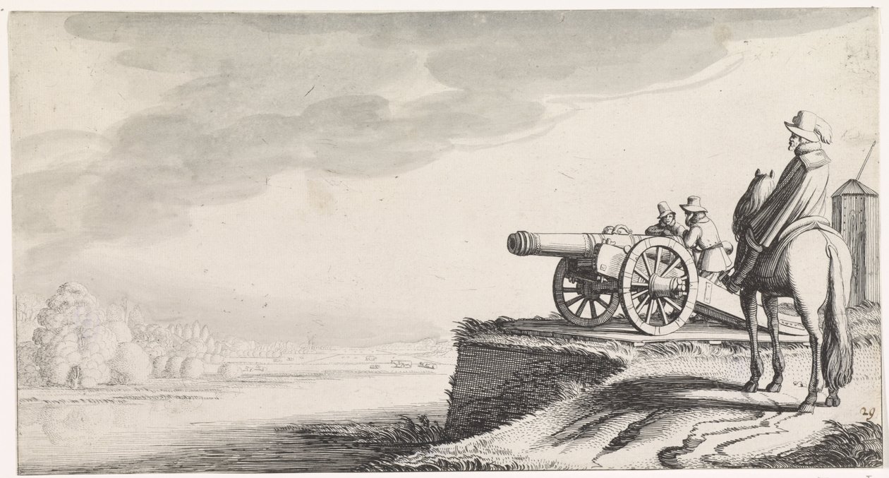 Ruiter en twee soldaten bij een kanon op een rivieroever Playsante lantschappen ende vermakelycke gesichten (series title) door Jan van de Velde (II)