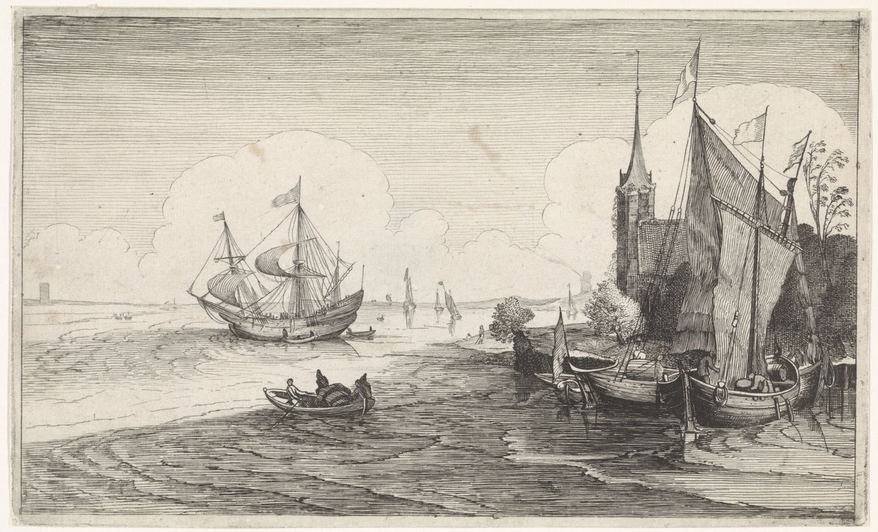 Schepen voor en kust bij een kerk door Jan van de Velde (II)