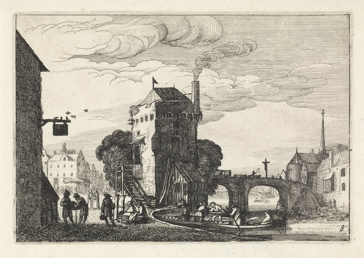 Stadsgezicht met een brug over een rivier door Jan van de Velde (II)