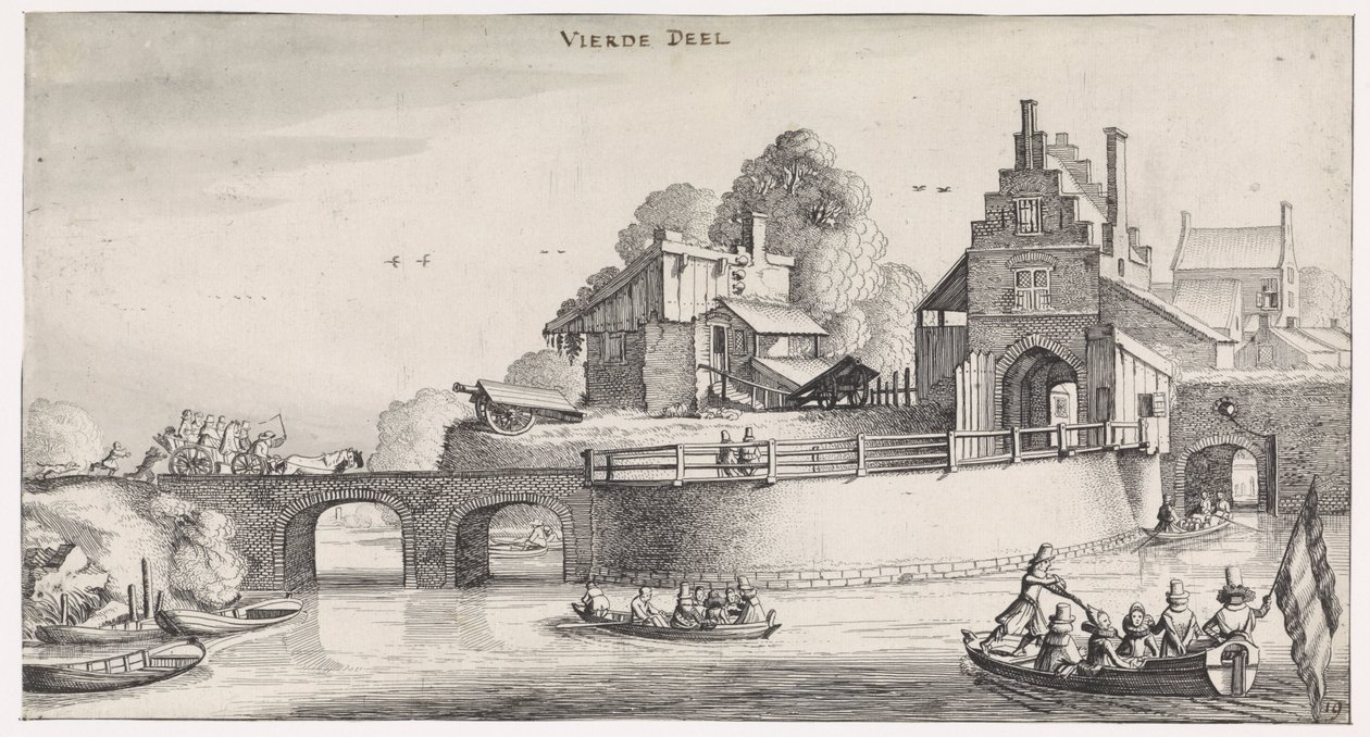 Stadspoort met brug over het water door Jan van de Velde (II)