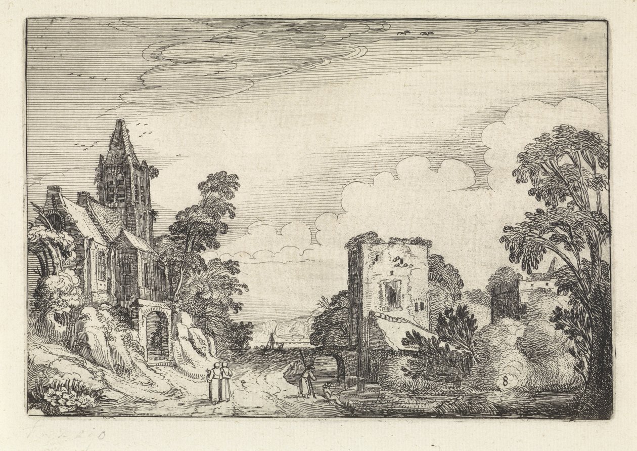 Toren en een kerk in een landschap (Amenissimae aliquot requculae, Landschappen) door Jan van de Velde (II)