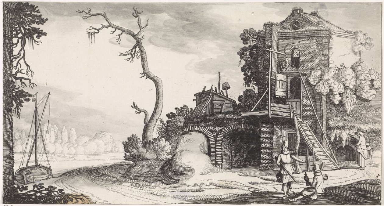 Twee valkeniers bij een toren gebruikt als herberg door Jan van de Velde (II)