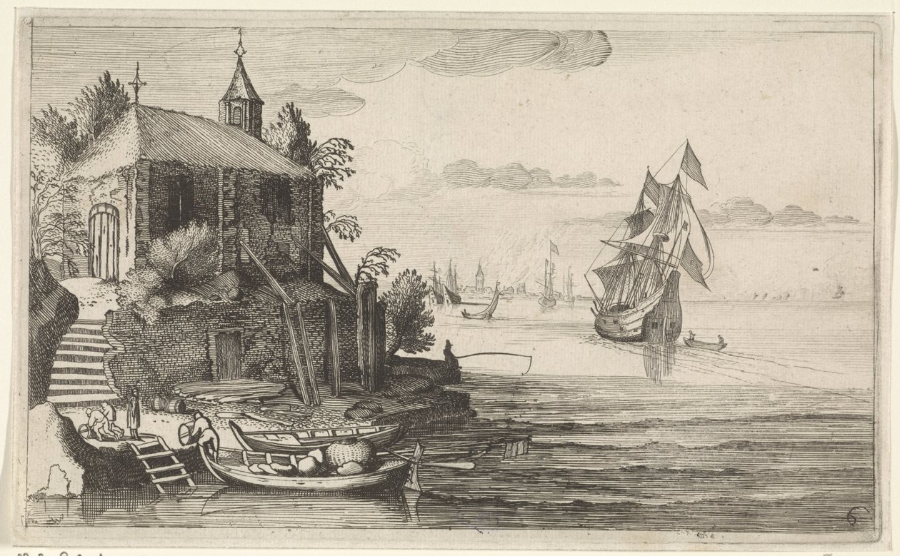 Tweemaster bij een kust met een kapel door Jan van de Velde (II)
