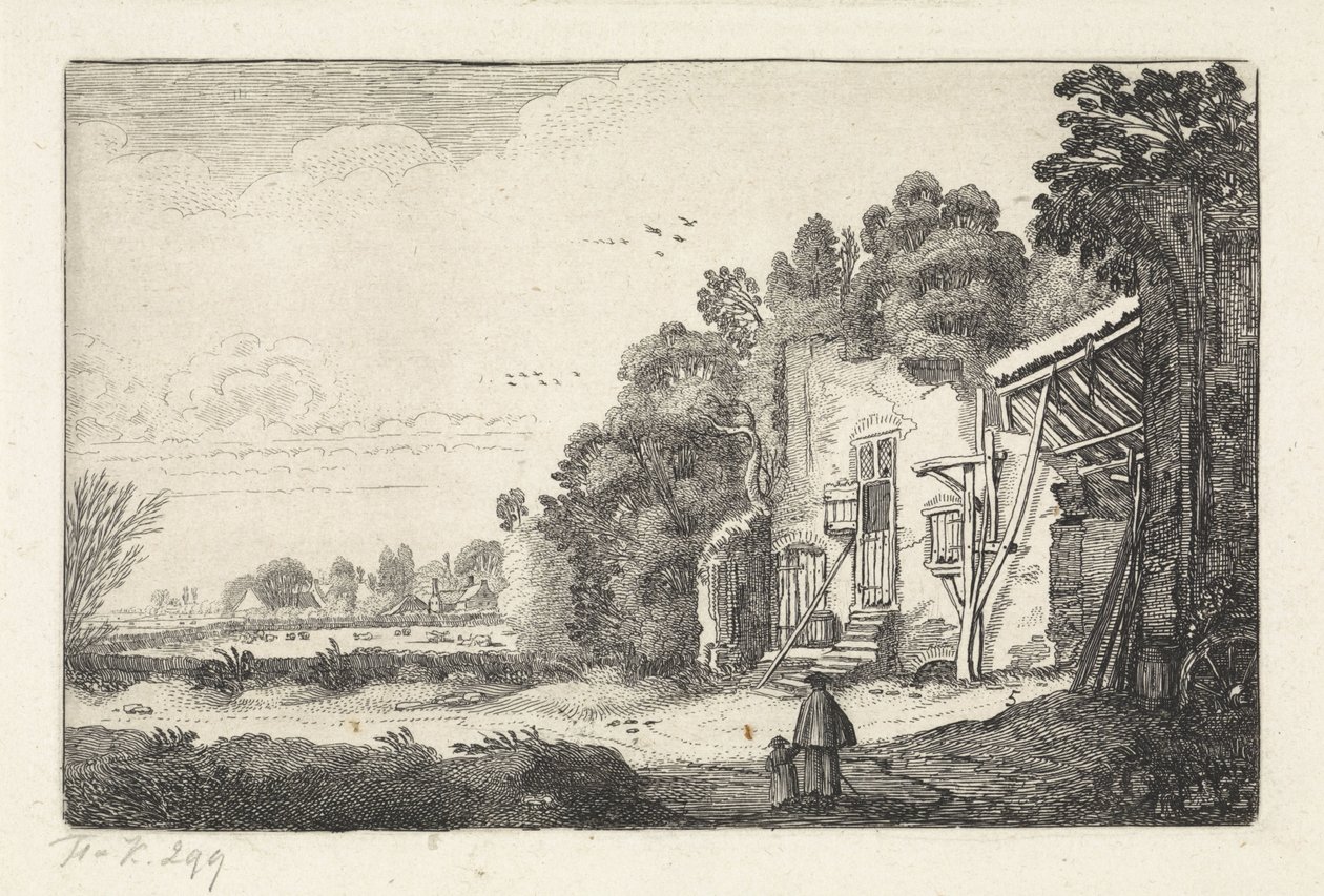 Vrouw met kind bij een ruïne van een huis (Landschappen / Amenissimae aliquot requculae) door Jan van de Velde (II)