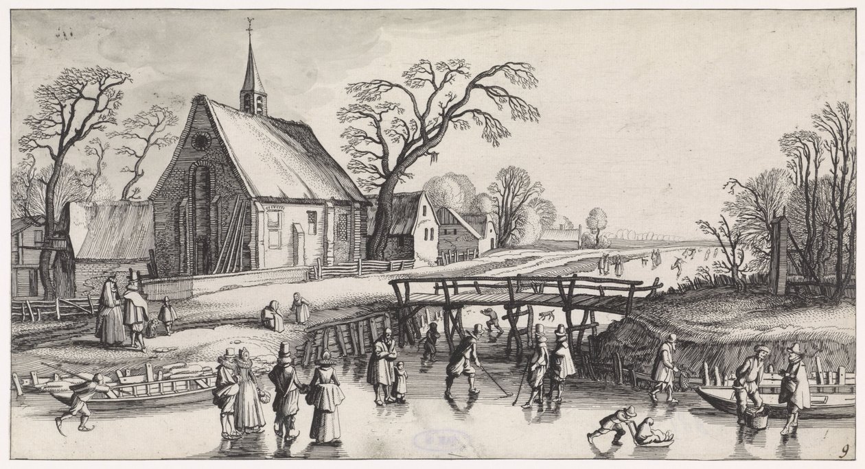 Winterlandschap met schaatsers bij een dorp door Jan van de Velde (II)