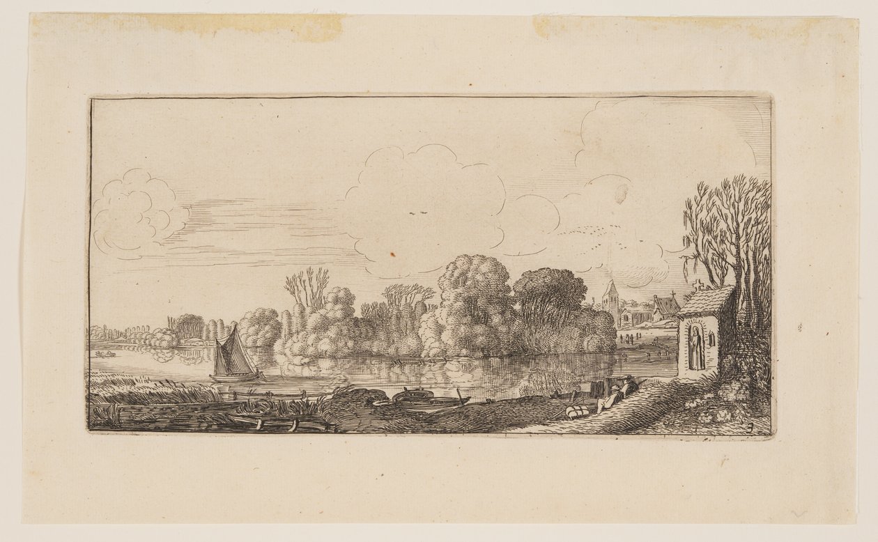 Een kapelletje bij een vijver, uit Zes landschappen door Jan van de Velde II