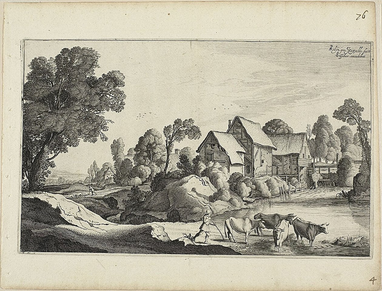 Kudde vee bij een watermolen door Jan van de Velde II