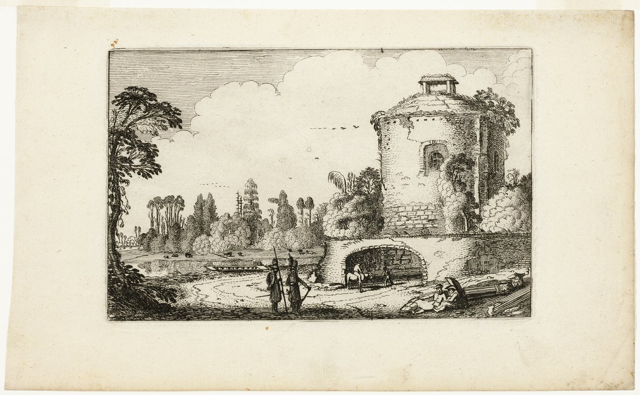 Landschap met ronde toren door Jan van de Velde II