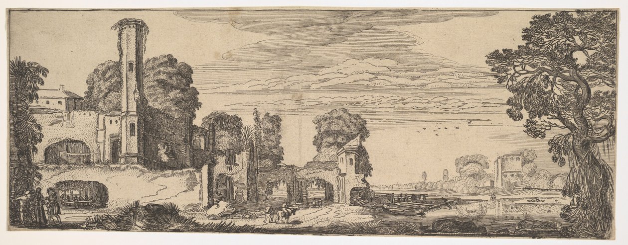 Riviergezicht met ruïnes van een kasteel uit Landschappen en Ruïnes door Jan van de Velde II