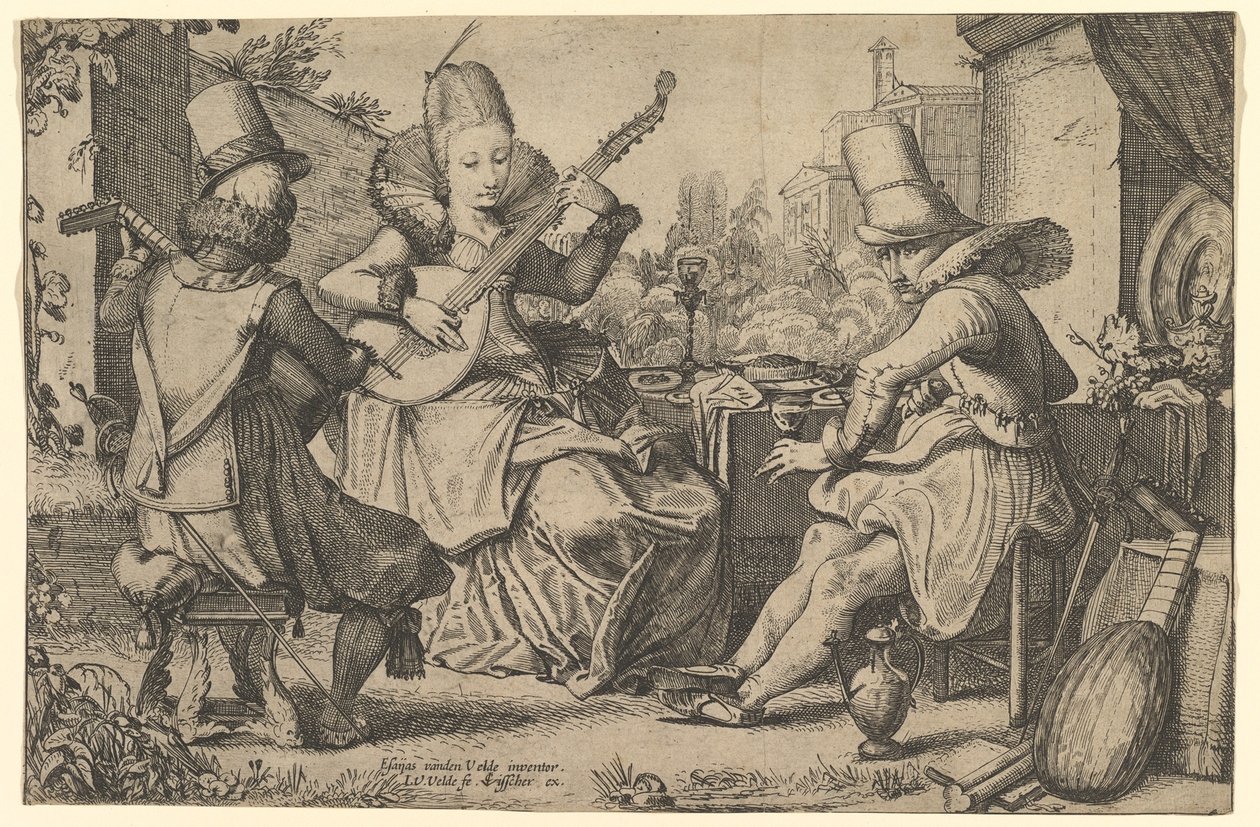 Twee elegant geklede mannen en een vrouw in een tuin, 1613-41 door Jan van de Velde II