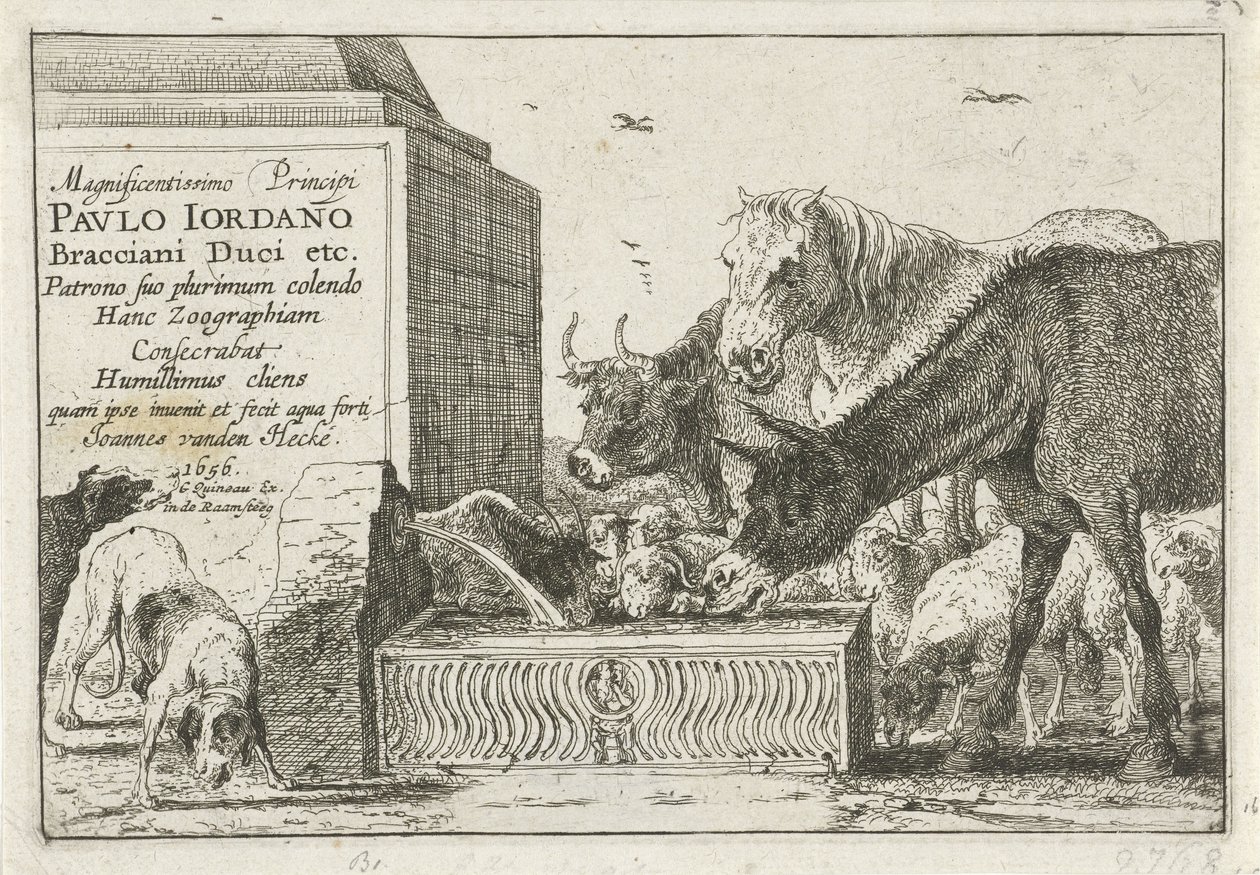 Dieren bij een fontein door Jan van den Hecke