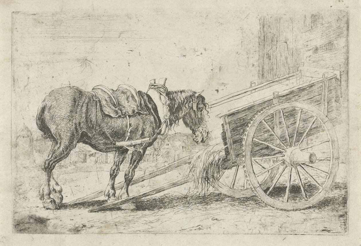 Paard bij een kar door Jan van den Hecke