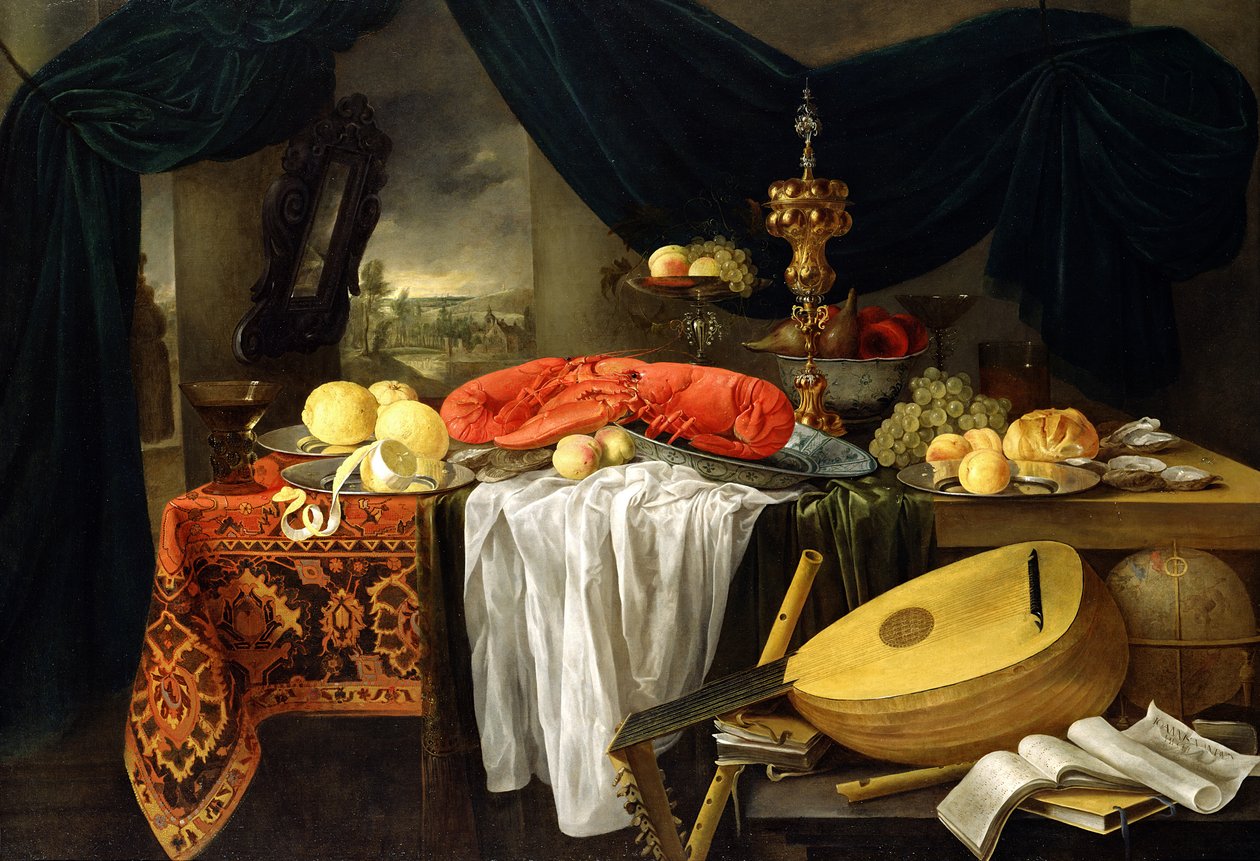 Stilleven met een Kreeft, Citroenen en een Luit, 1645 door Jan van den Hecke