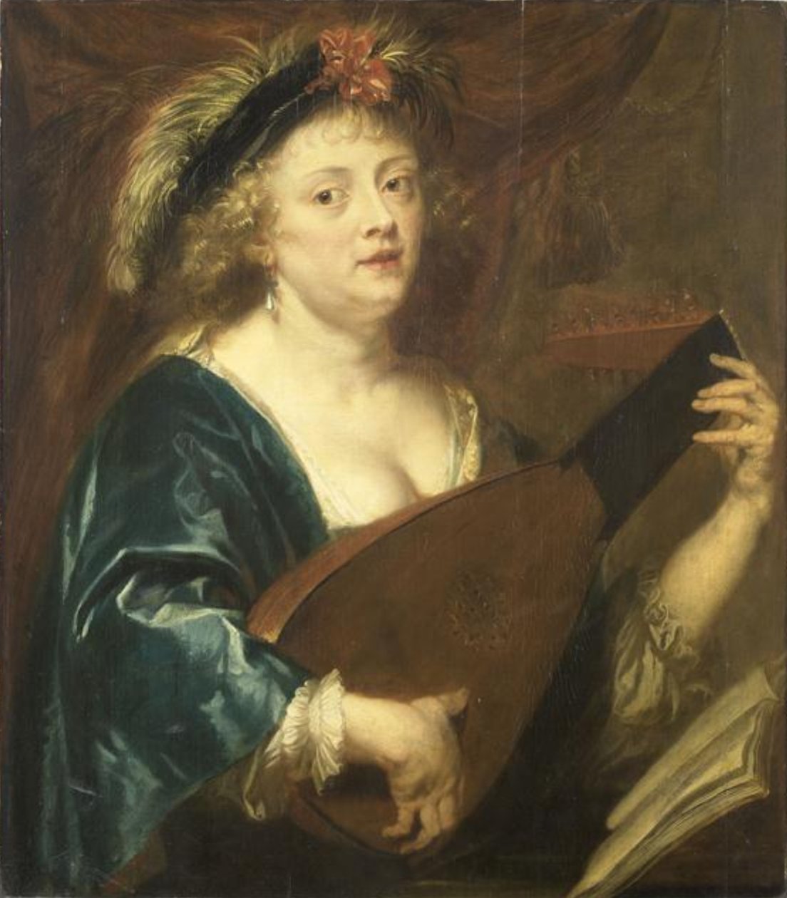 Frans:  Femme jouant du luth Portret van een vrouw die op een luit speelt door Jan van den Hoecke