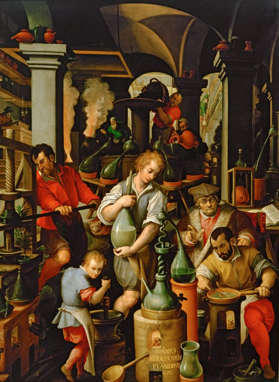 Laboratorium van de alchemist door Jan van der (1523-1605) Straet