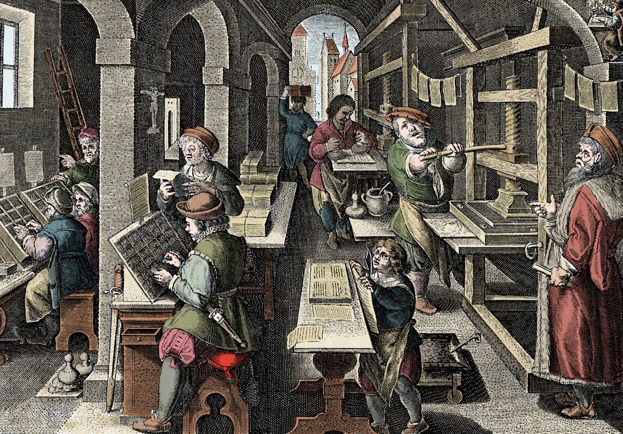 Drukkerij, ca. 1600 - Nederland, Drukkerij: links gebruiken de karakters karakters, de verschillende stadia van de voorbereiding van de druk onder toezicht van een meesterdrukker - Gravure uit 