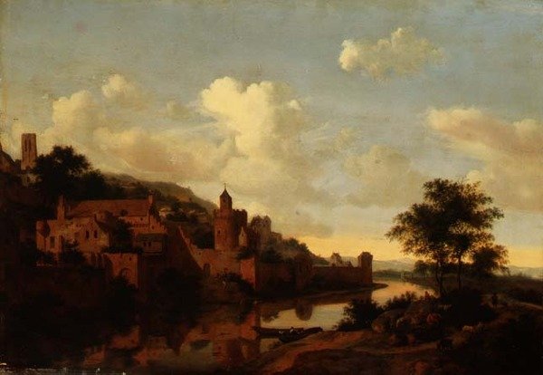 Een versterkte stad boven een rivier door Jan van der Heyden