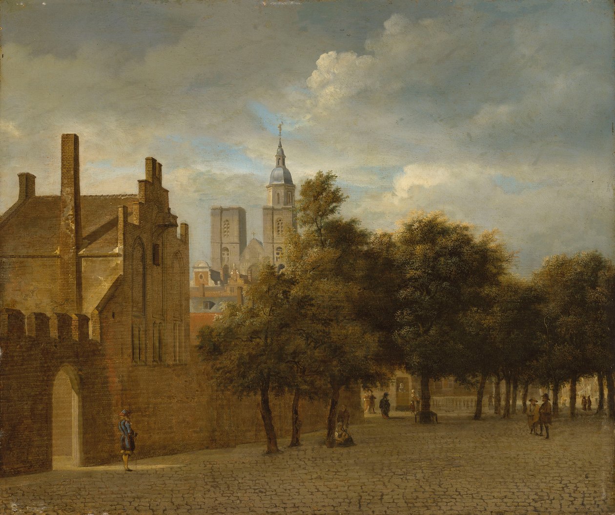 Een stadsgezicht met flanerende figuren, een kerk daarachter door Jan van der Heyden