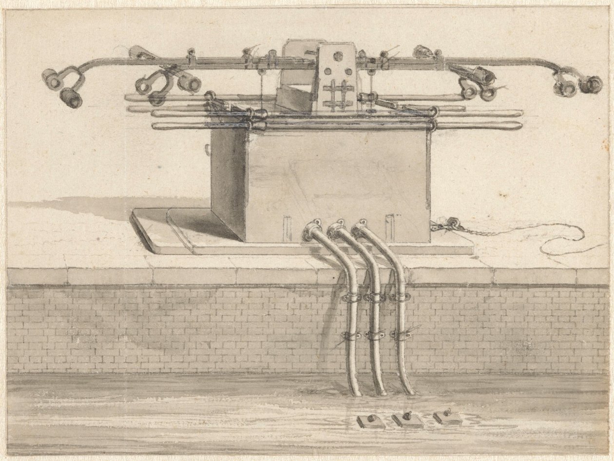 Dubbele zuigpomp voor de slangbrandspuit door Jan van der Heyden