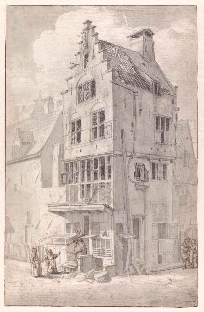 Een afgebrand huis aan de Bloedstraat door Jan van der Heyden