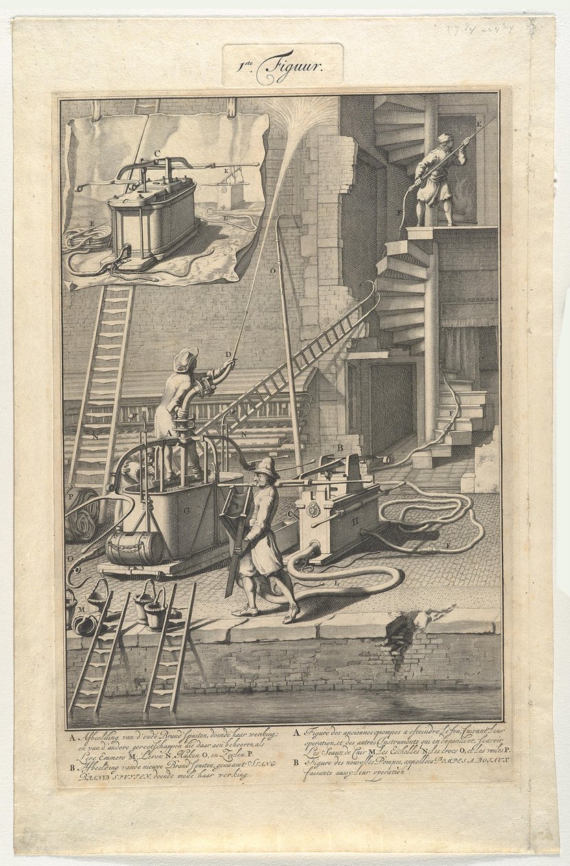 Oude brandspuiten en nieuwe slangbrandspuiten door Jan van der Heyden