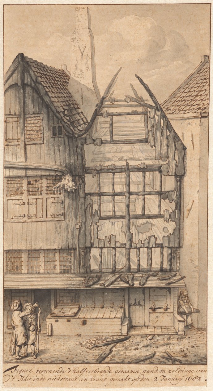 Twee uitgebrande huizen in de Oude Nieuwstraat, 1682 door Jan van der Heyden