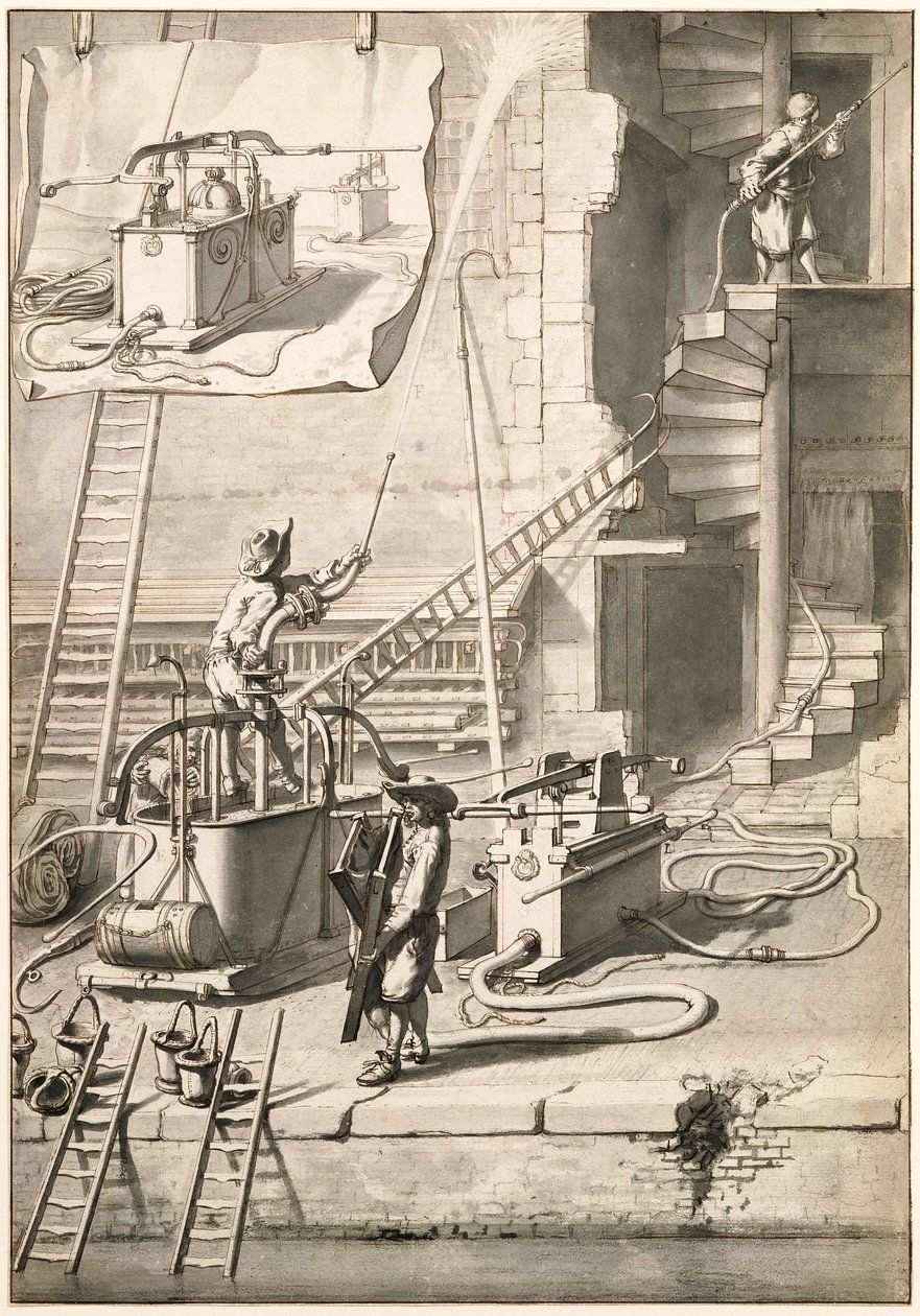 Vergelijking van de oude brandspuiten met Van der Heydens slangenbrandspuit door Jan van der Heyden