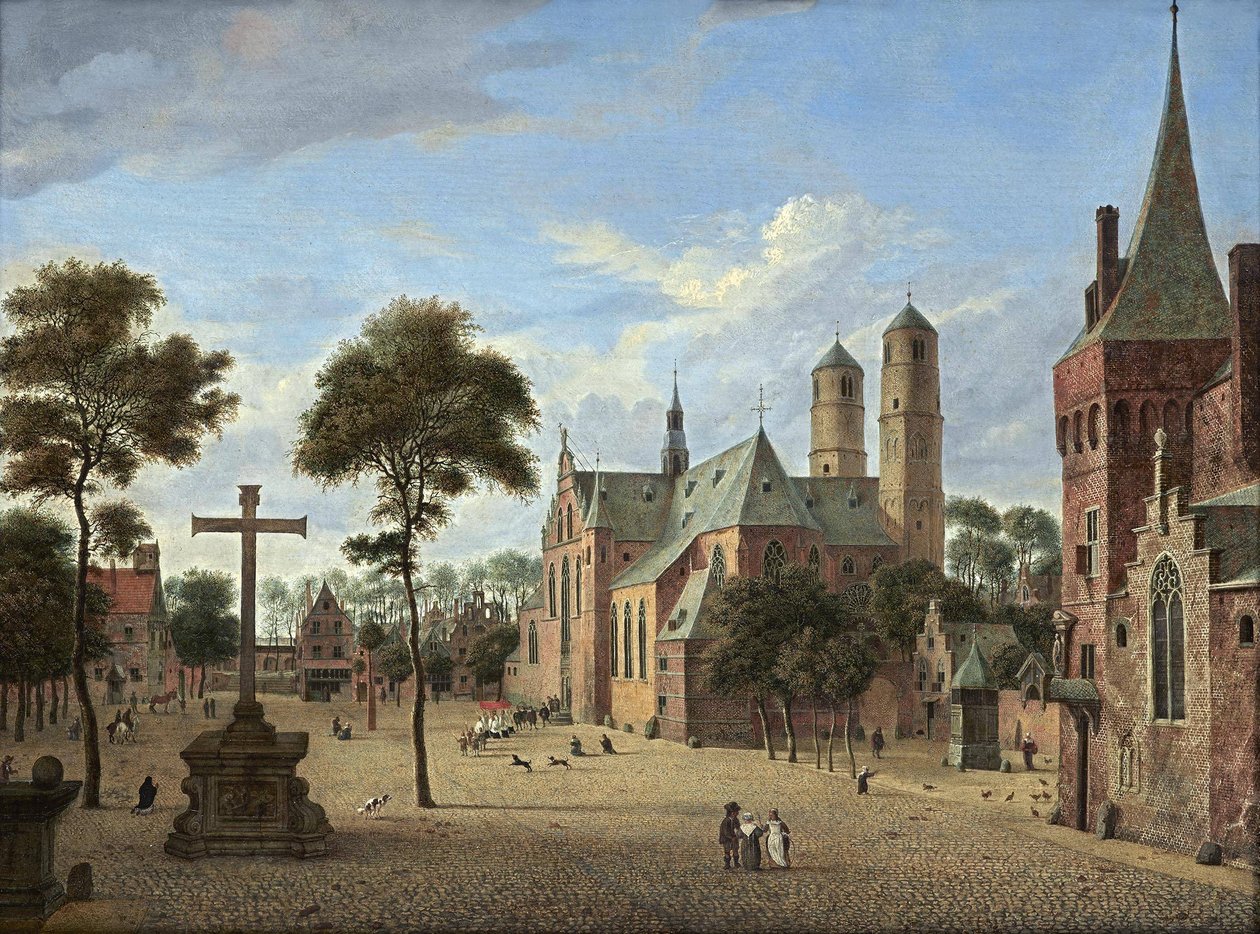 Gezicht op Keulen met de torens van de St. Pantaleon en een denkbeeldige versie van het schip van de Martinikerk in Emmerik door Jan van der Heyden