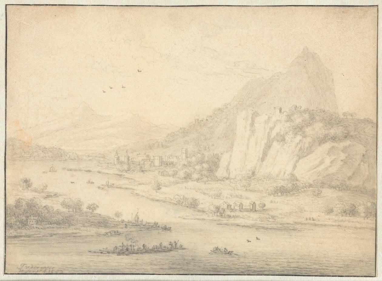 Bergachtig rivierlandschap met boten door Jan van der Meer (II)