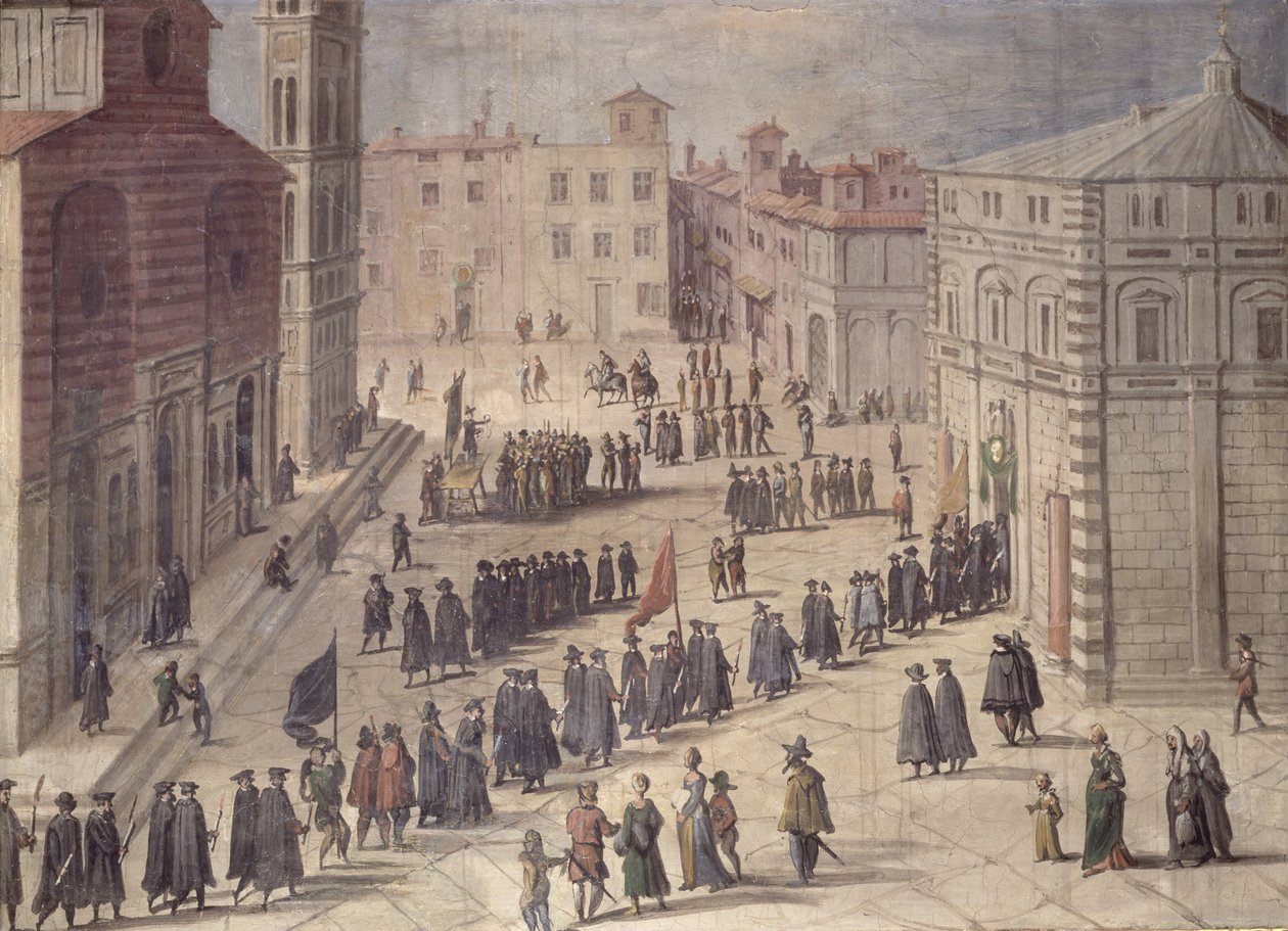 Festival van eerbetoon op het Piazza del Duomo, Florence, 1555 door Jan van der Straet