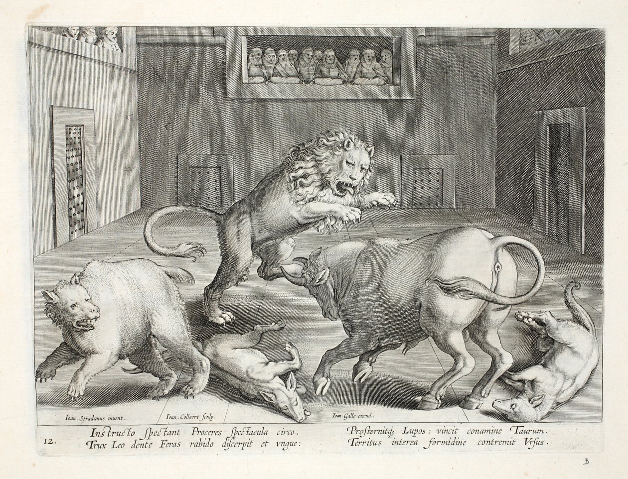 Edelmannen kijken naar gevechten van wilde dieren in een binnencircus, illustratie uit 