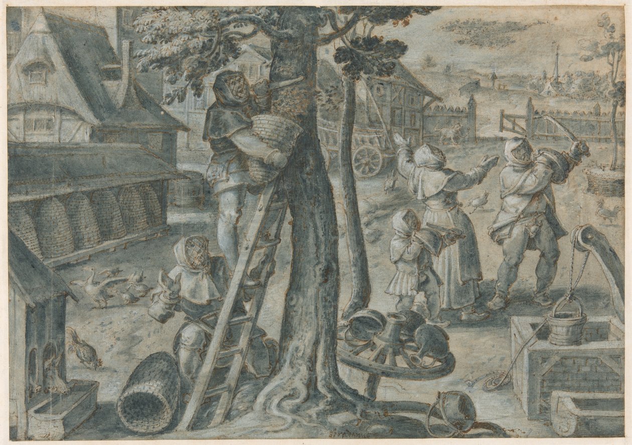 Het vangen van een zwerm bijen op een boerenerf door Jan van der Straet