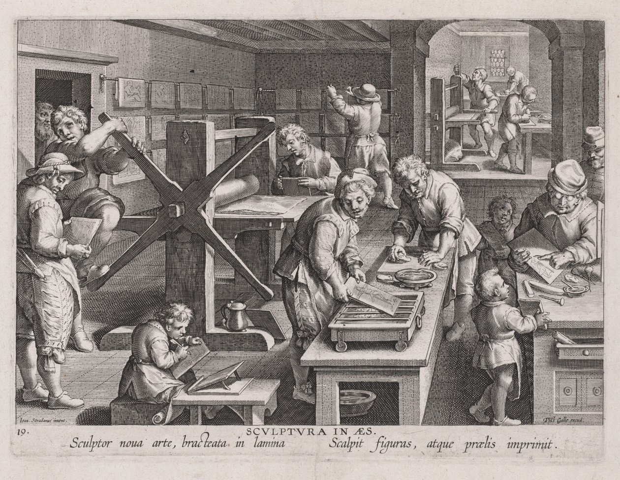 Sculptura in Aes, de werkplaats van een graveur door Jan van der Straet, called Johannes Stradanus
