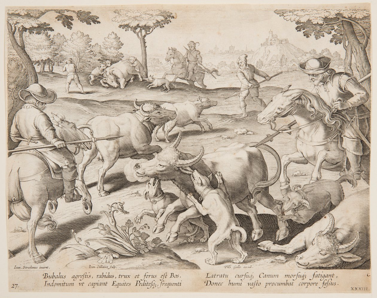 Buffeljacht, plaat 27 in de Venationes Ferarum, Avium, Piscium serie door Jan van der Straet, called Stradanus
