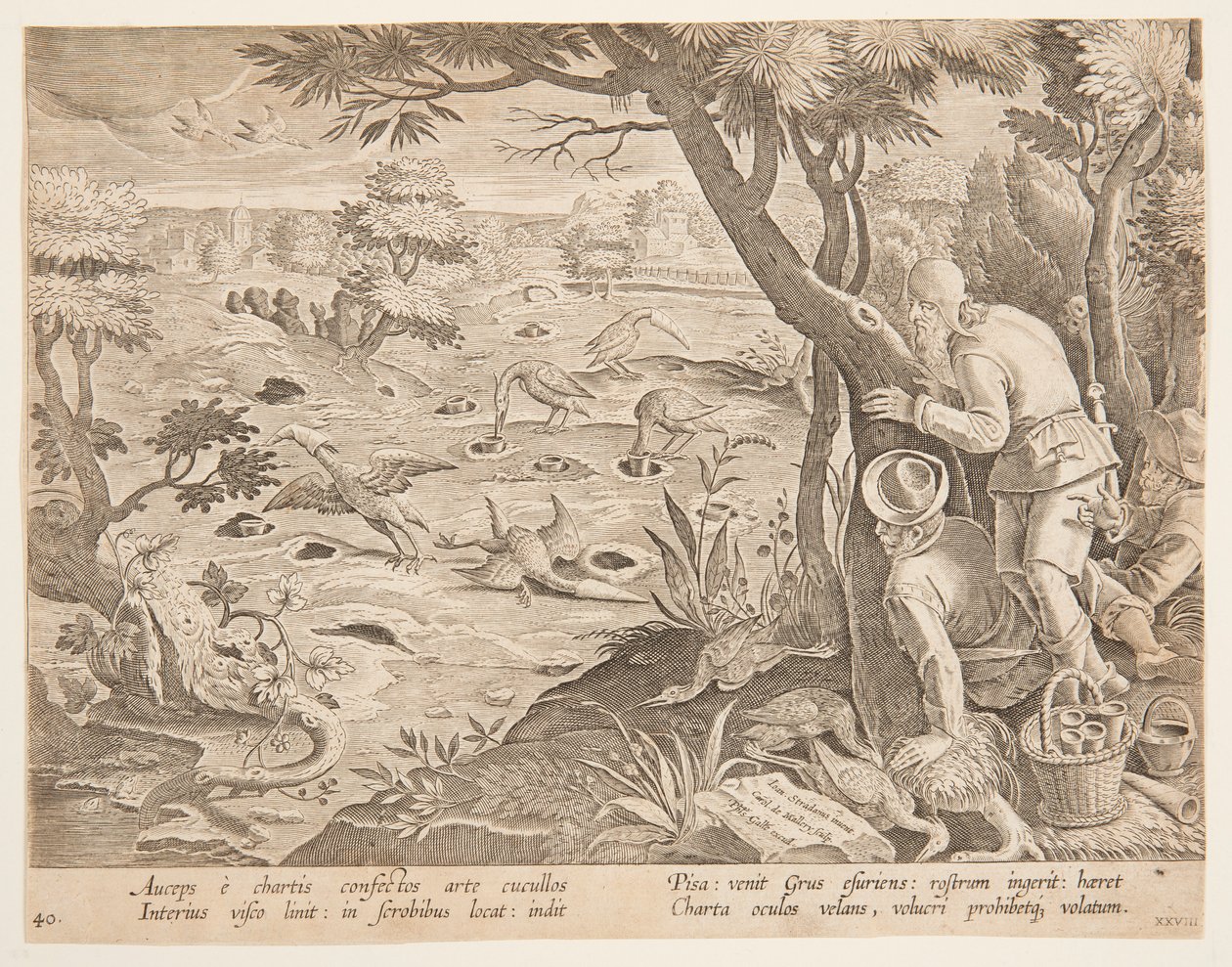 Kraanvogeljacht met kegels, plaat 28 in de Venationes Ferarum, Avium, Piscium serie door Jan van der Straet, called Stradanus