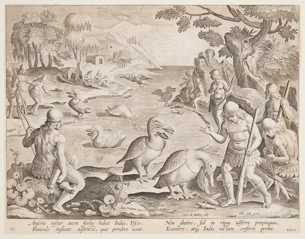 Indianen die vissen vangen met de hulp van pelikanen, plaat 23 in de Venationes Ferarum, Avium, Piscium serie door Jan van der Straet, called Stradanus