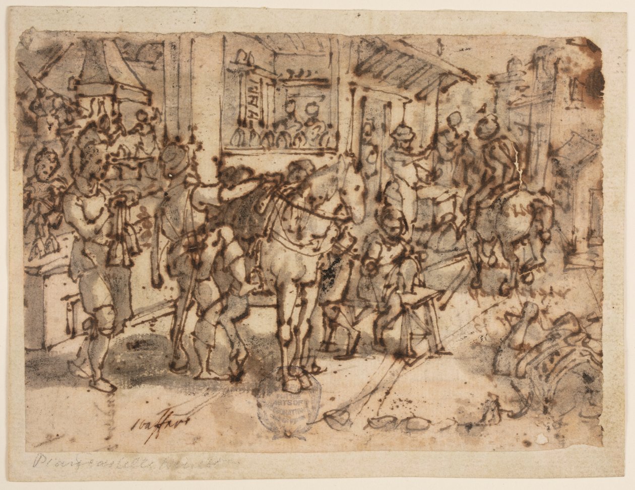 Uitvinding van de stijgbeugel, ontwerp voor "Staphae, sive stapedes," pl. 9 in de Nova Reperta (Nieuwe uitvindingen van moderne tijden) prentserie door Jan van der Straet, called Stradanus