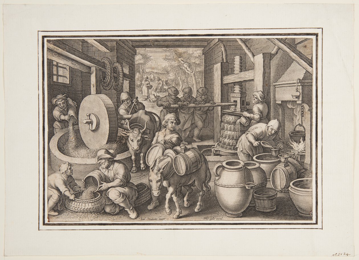 Oleum Olivarum (De productie van olijfolie), plaat 12 in de Nova Reperta (Nieuwe uitvindingen van moderne tijden) door Jan van der Straet, called Stradanus
