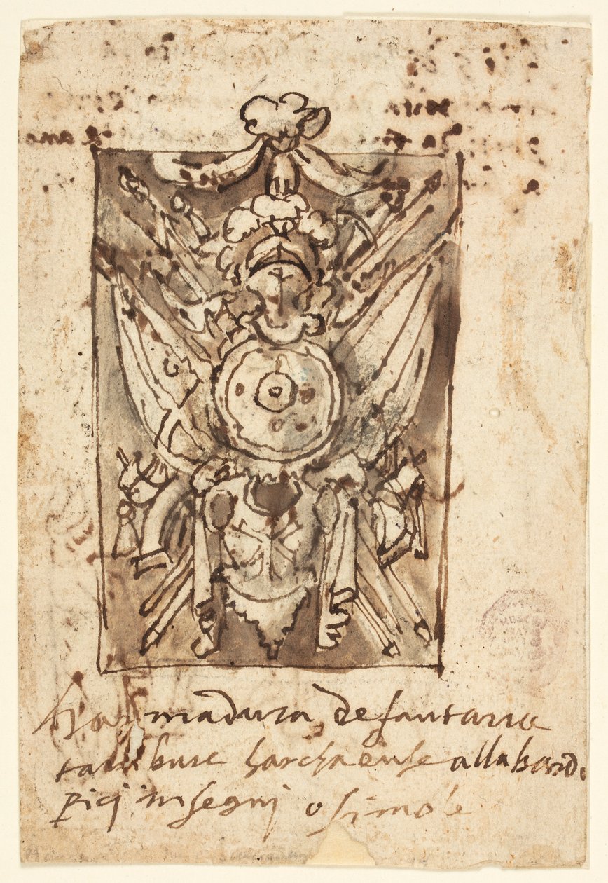 Pagina uit een Schetsboek: Militair Trofee door Jan van der Straet, called Stradanus