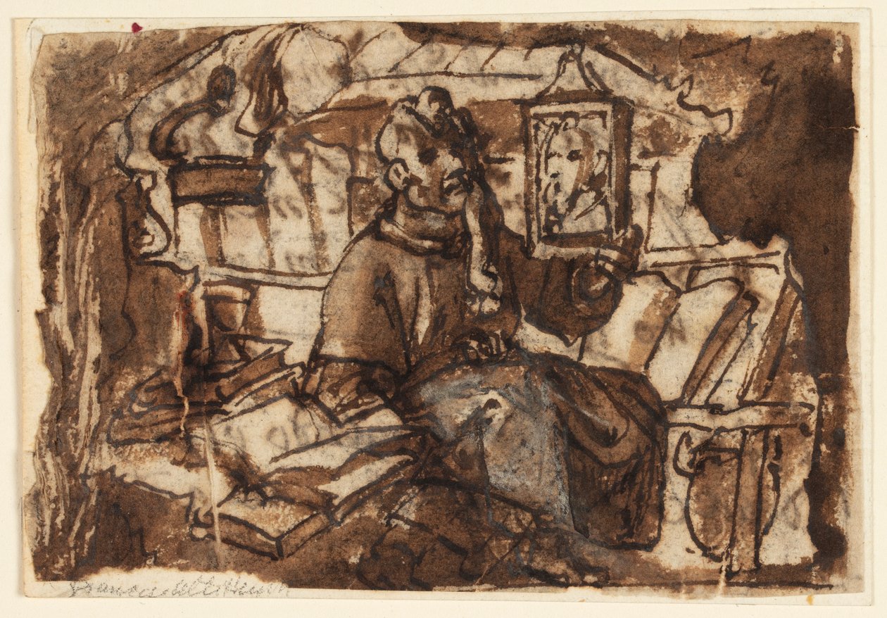 Pagina uit een schetsboek; Een monnik in zijn studeerkamer door Jan van der Straet, called Stradanus