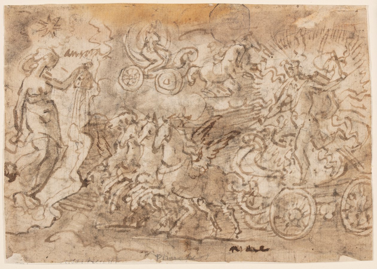 Pagina uit een schetsboek; Apollo en Aurora door Jan van der Straet, called Stradanus
