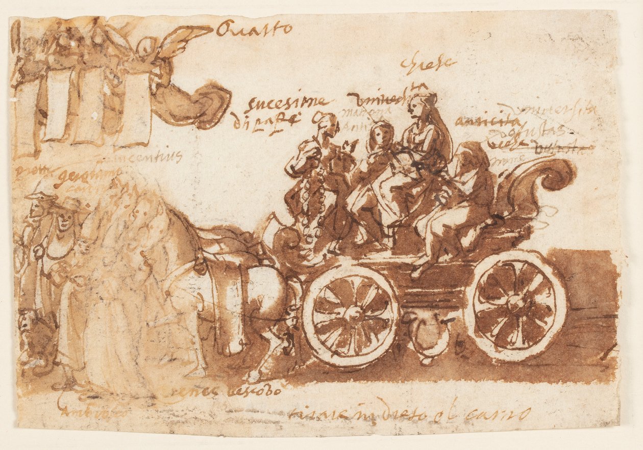 Pagina van een schetsboek; Wagen en drie paarden door Jan van der Straet, called Stradanus